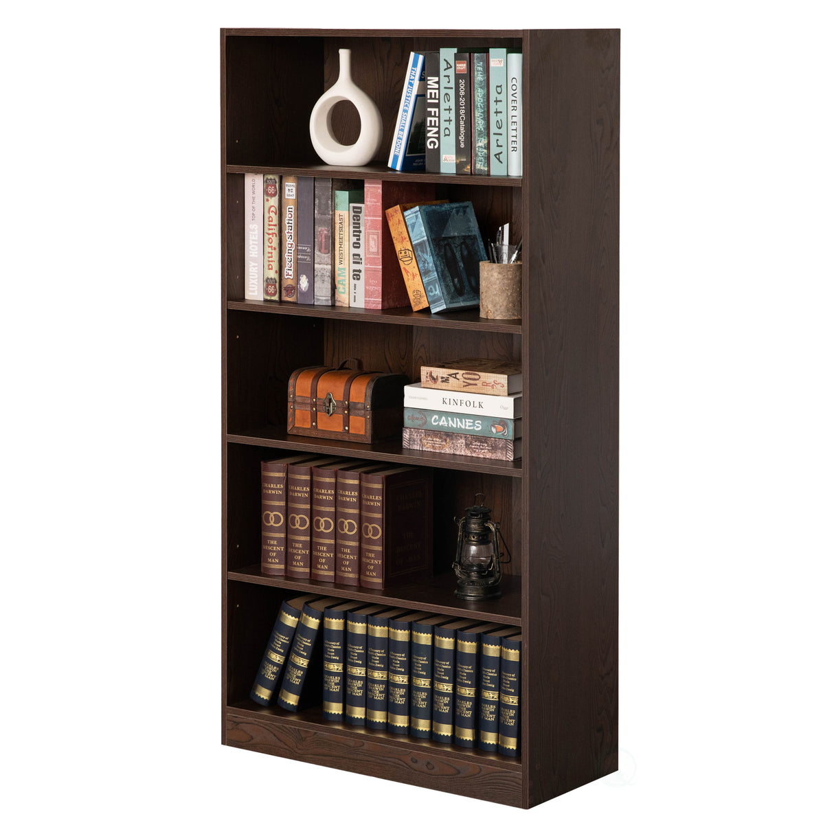 Freestanding Classic Wooden Display Bookshelf, Floor Standing Bookcase, with 5 Open Display Shelves, Brown - LEHADAR