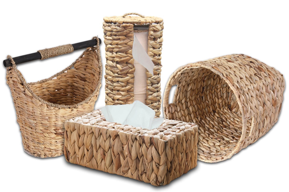 Rustic Water Hyacinth Vanity Bathroom Set, Set of 4 - Magazine Basket, Tissue Roll Holder, Tissue Box Cover, and Wastebasket - LEHADAR