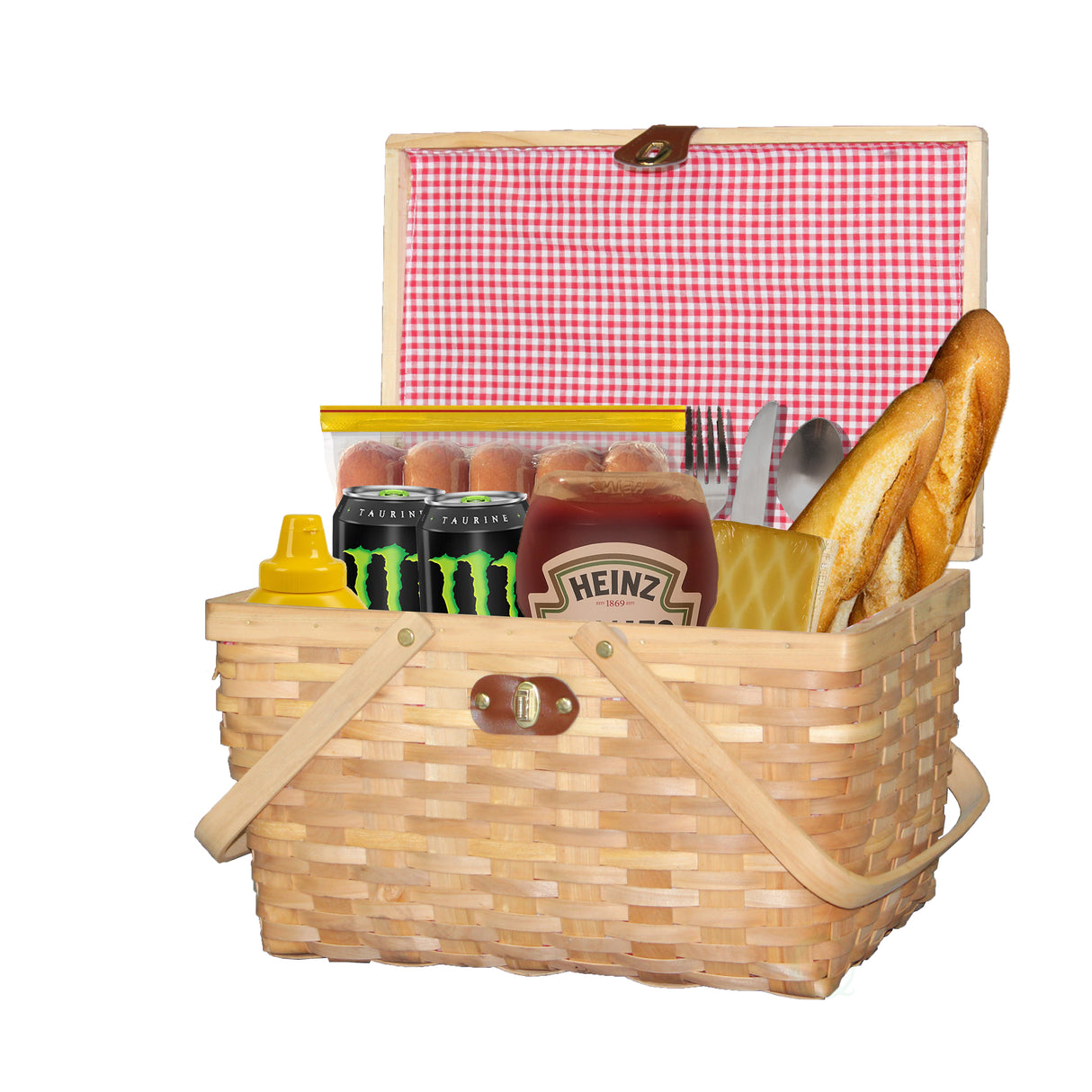 Gingham Lined Woodchip Picnic Basket With Lid and Movable Handles - LEHADAR