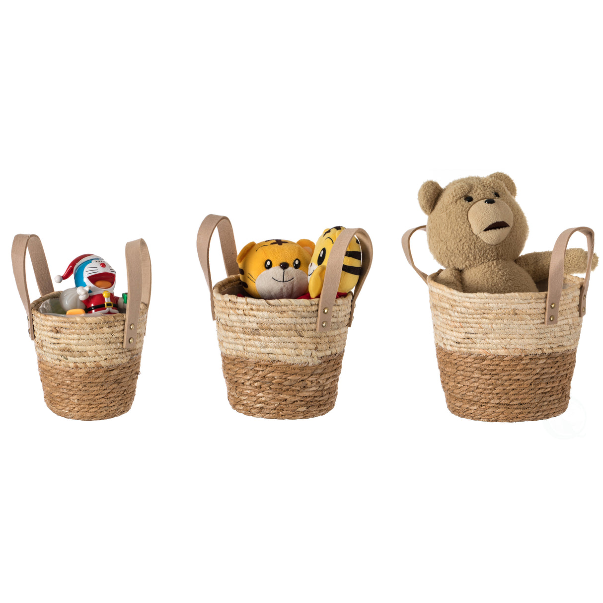 Decorative Brown Corn Rope-Straw Round Storage Basket Set of 3 with Rope Handles - LEHADAR