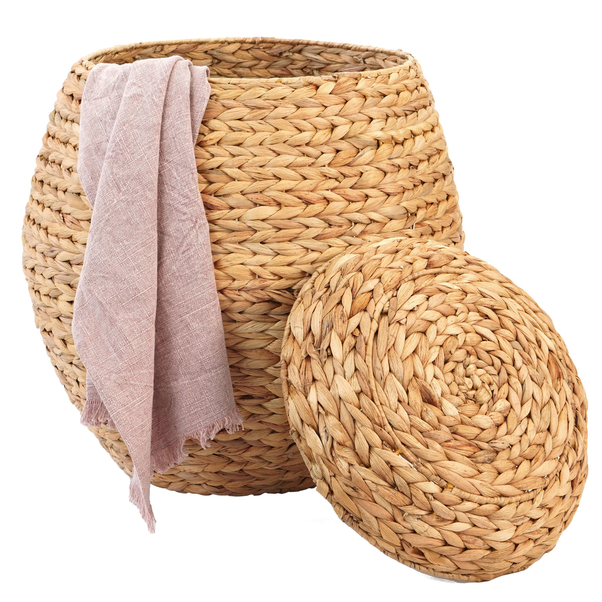 Water Hyacinth Natural Multipurpose Barrel Storage Tub with Lid, Basket for Organizing, Ottoman Stool - LEHADAR