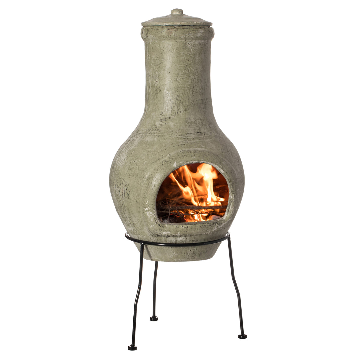 Beige Outdoor Clay Chiminea Outdoor Fireplace Scribbled Design Charcoal Burning Fire Pit with Sturdy Metal Stand, Barbecue, Cocktail Party, Family Gathering, Cozy Nights Fire Pit - LEHADAR