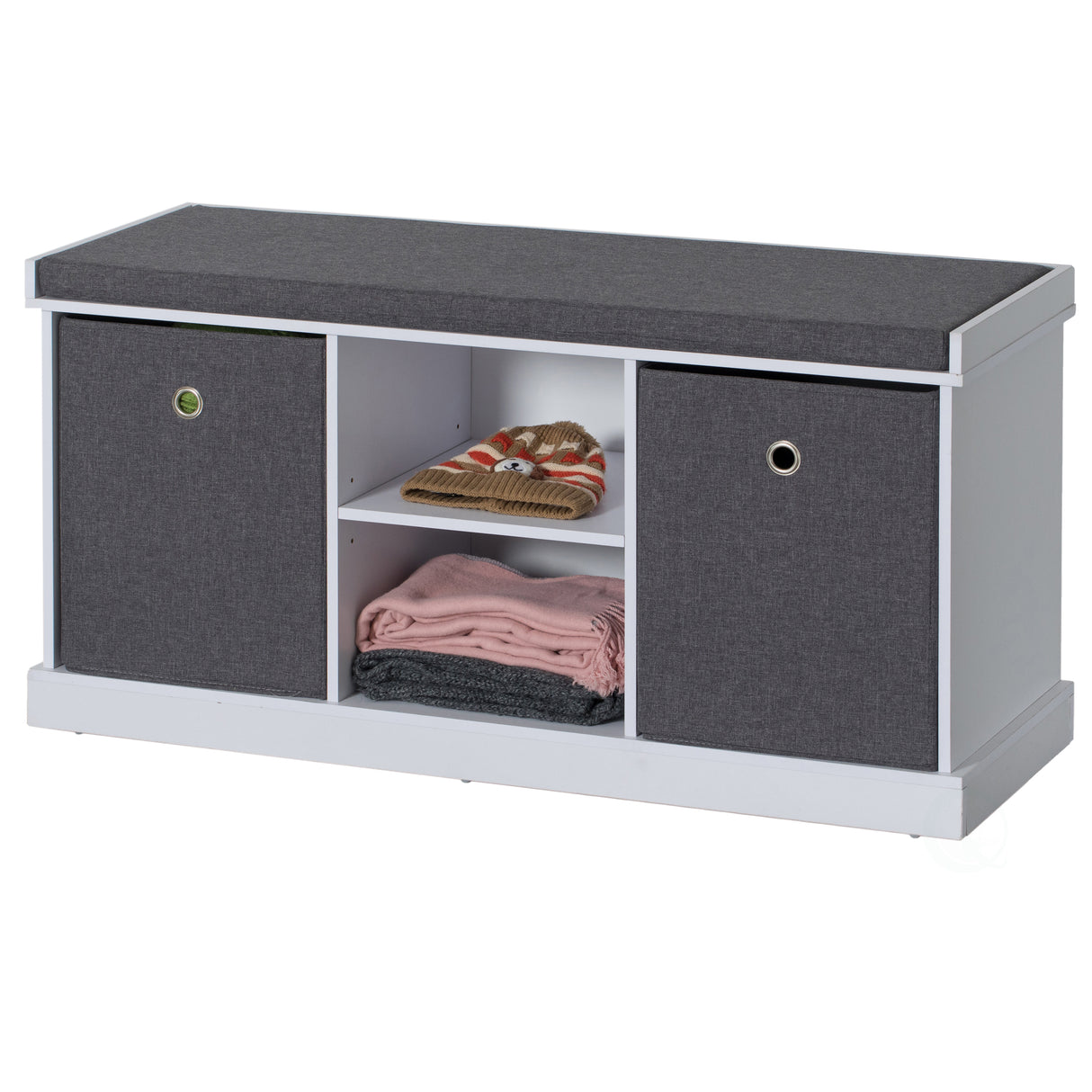 MDF Storage Box Shoe Bench with 2 Shelves, Foldable Baskets and a Gray Cushion, White - LEHADAR