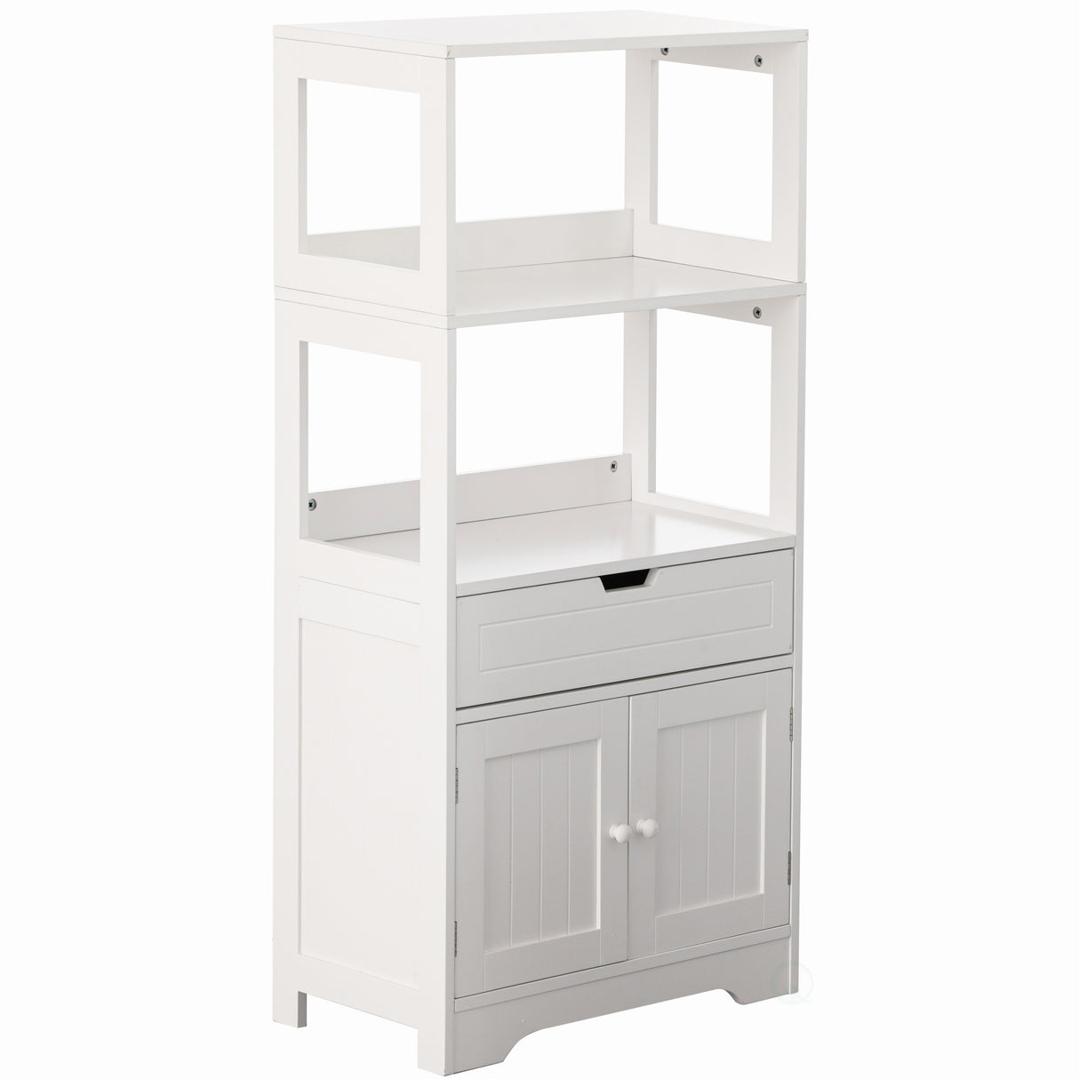 Tall Freestanding Wooden Storage Vanity, Kitchen Pantry, and Bathroom Cabinet Organizer, with 2 Open shelves, A drawer and 2 Door Cabinet, White - LEHADAR
