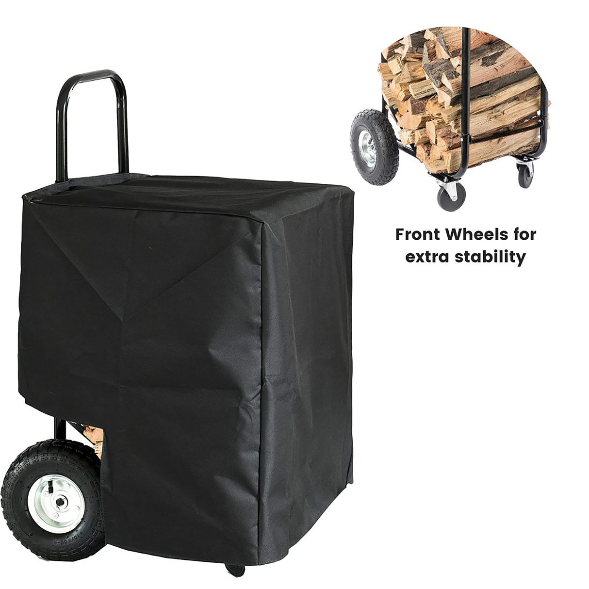 Gardenised Black Firewood Rack Outdoor Indoor, Heavy Duty Firewood Carrier with Front Wheels Wood Fireplace Tool Rack, Rolling Storage Cart Cover Included - LEHADAR