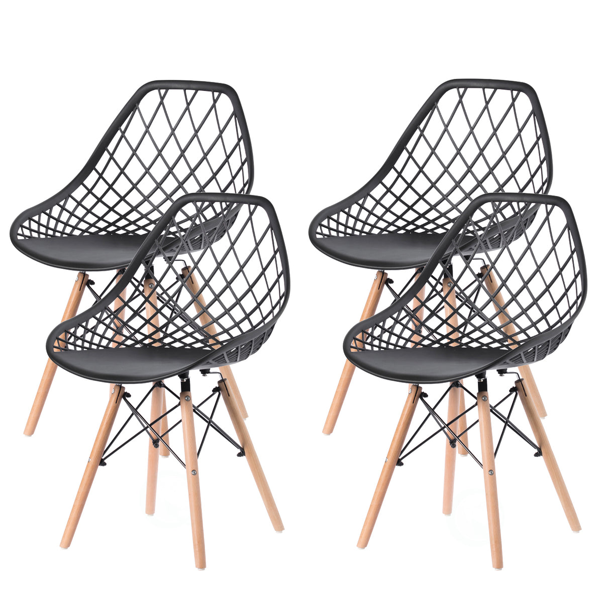 Mid-Century Modern Style Plastic DSW Shell Dining Chair with Lattice Back and Wooden Dowel Eiffel Legs, Set of 4 Black - LEHADAR