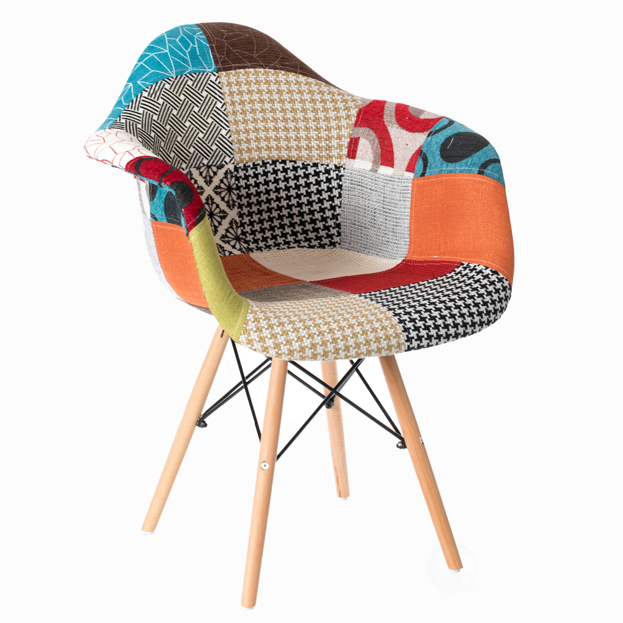 Mid-Century Modern Upholstered Plastic Multicolor Fabric Patchwork DAW Shell Dining Chair with Wooden Dowel Eiffel Legs - LEHADAR