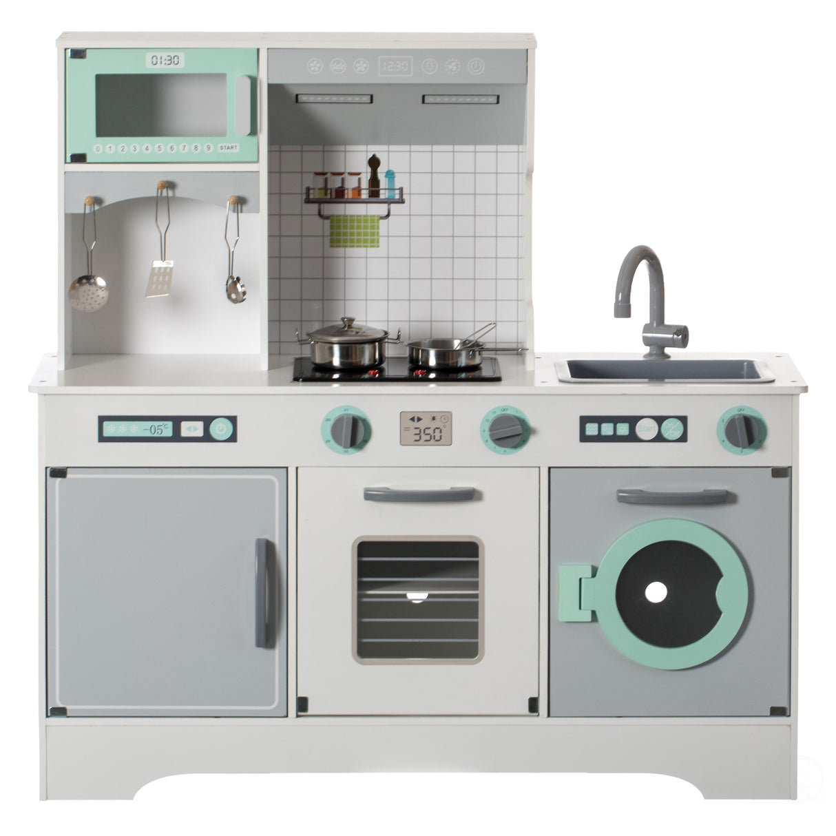 Wooden Play Kitchen Toy, Light on Microwave, Cabinet, Washer, Sound Electronic Stove, Microwave and Sink Ages 3+ - LEHADAR