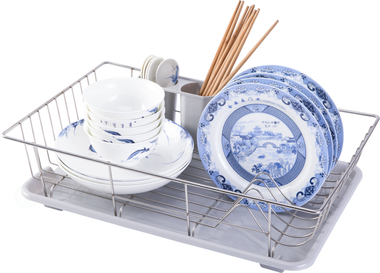 Stainless Steel Dish Rack with Plastic Drain Board and Utensil Cup - LEHADAR