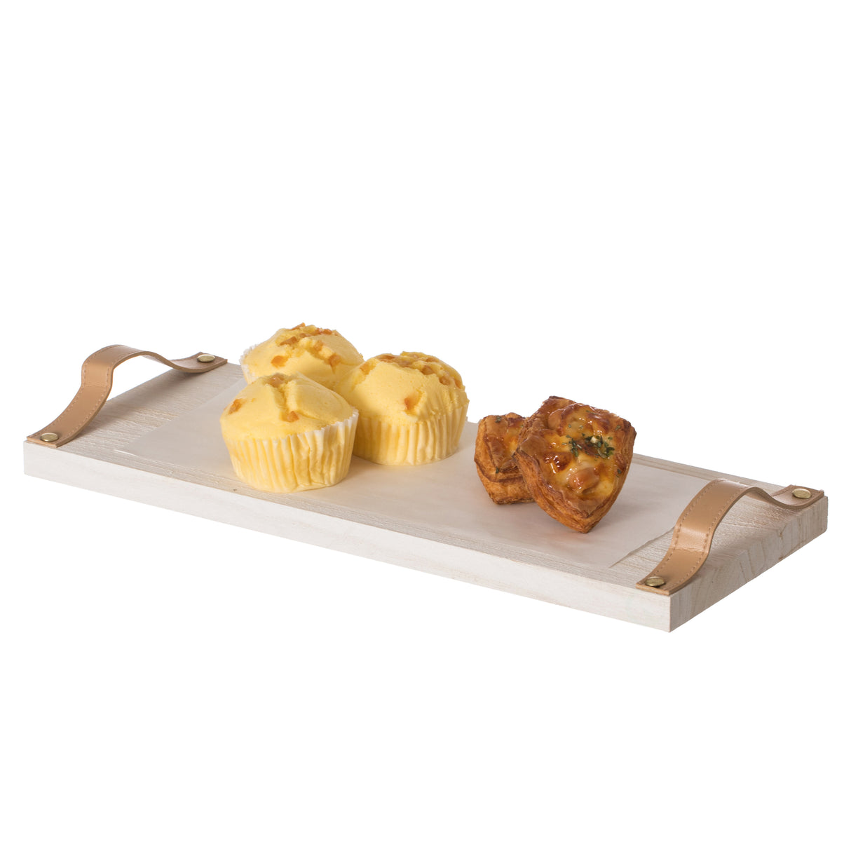 Decorative Natural Wooden Rectangular Tray Serving Board with Brown Leather Handles - LEHADAR