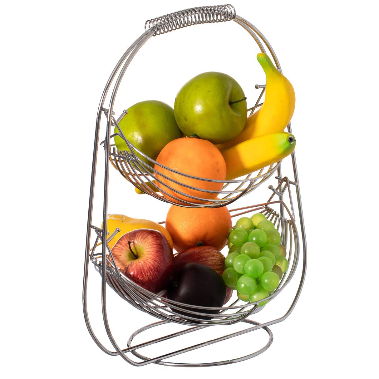 2 Tier Metal Fruit Holder Swing Basket for Kitchen | Detachable Countertop Vegetables Storage Organizer with Display Hammock Stand for Farmhouse, Living Room, Dining Room - LEHADAR