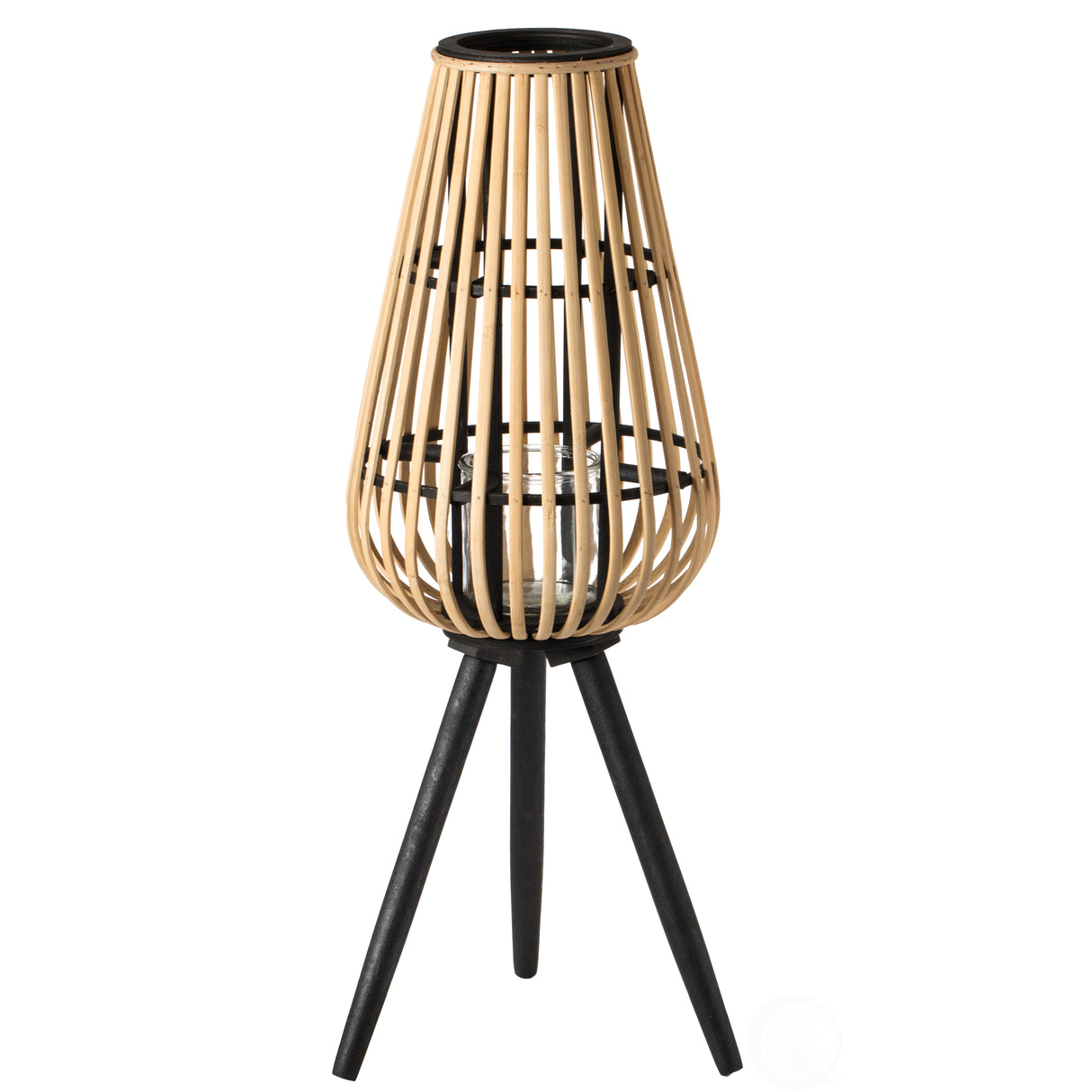 Indoor and Outdoor Modern Natural Bamboo Decorative Lantern with Black Stand and Glass Candle Holder - LEHADAR