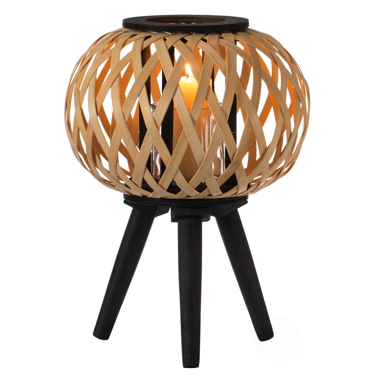 Modern Black, Natural Bamboo Candle Decorative Trellis Design Lantern with Stand - LEHADAR