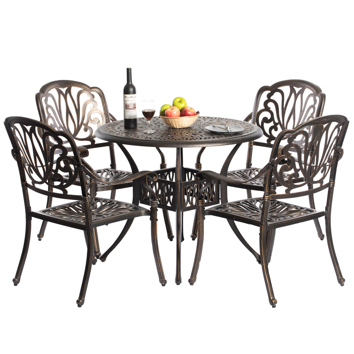 Indoor and Outdoor Bronze Dinning Set 4 Chairs with 1 Table Bistro Patio Cast Aluminum. - LEHADAR
