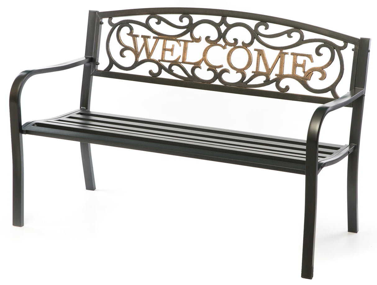 Steel Outdoor Patio Garden Park Seating Bench with Cast Iron Welcome Backrest, Front Porch Yard Bench Lawn Decor - LEHADAR