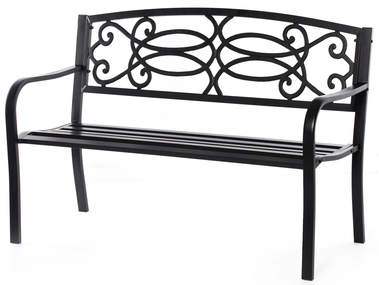 Steel Outdoor Patio Garden Park Seating Bench with Cast Iron Scrollwork Backrest, Front Porch Yard Bench Lawn Decor - LEHADAR