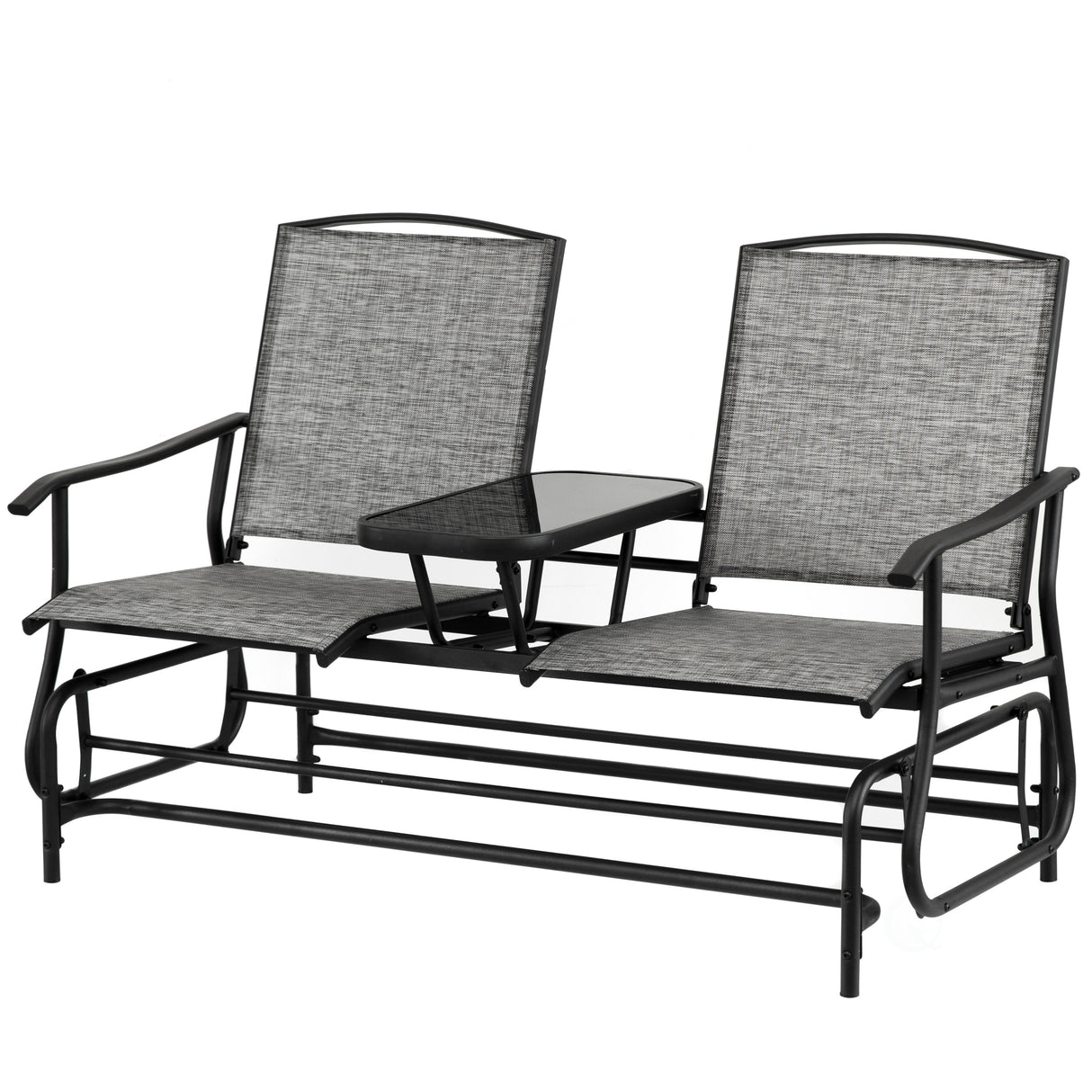 Two Person Outdoor Double Swing Glider Chair Set with Center Tempered Glass Table, Loveseat Lawn Rocker Bench - LEHADAR
