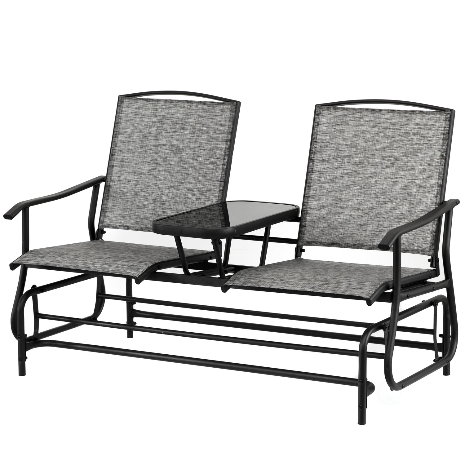 Two Person Outdoor Double Swing Glider Chair Set with Center Tempered Glass Table, Loveseat Lawn Rocker Bench - LEHADAR