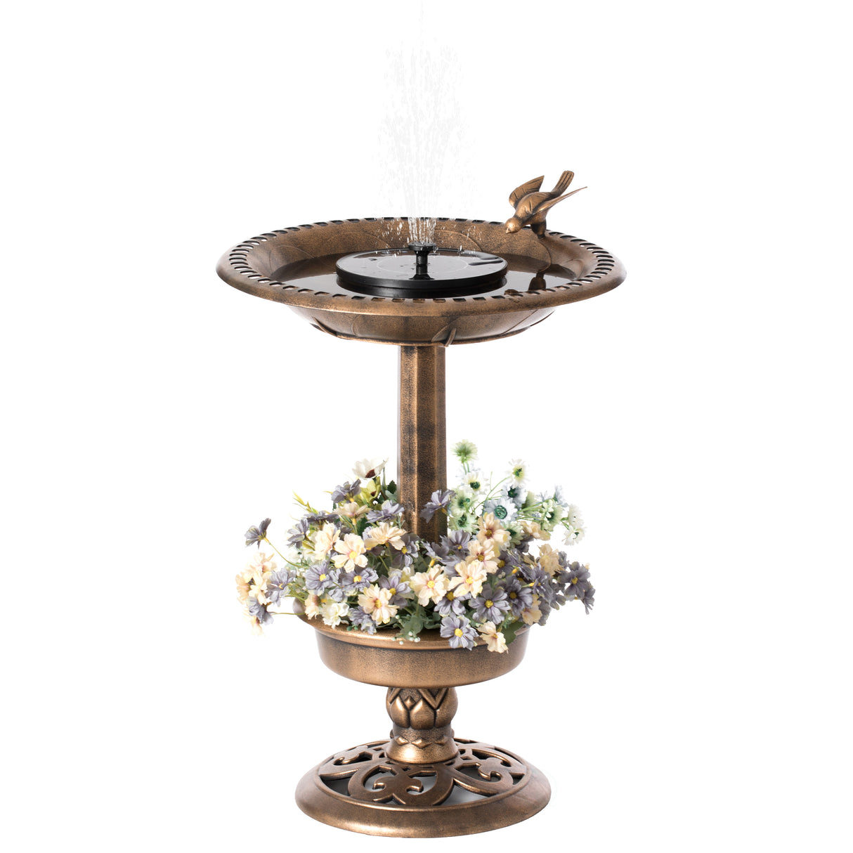Outdoor Garden Bird Bath and Solar Powered Round Pond Fountain with Planter Bowl, Copper - LEHADAR