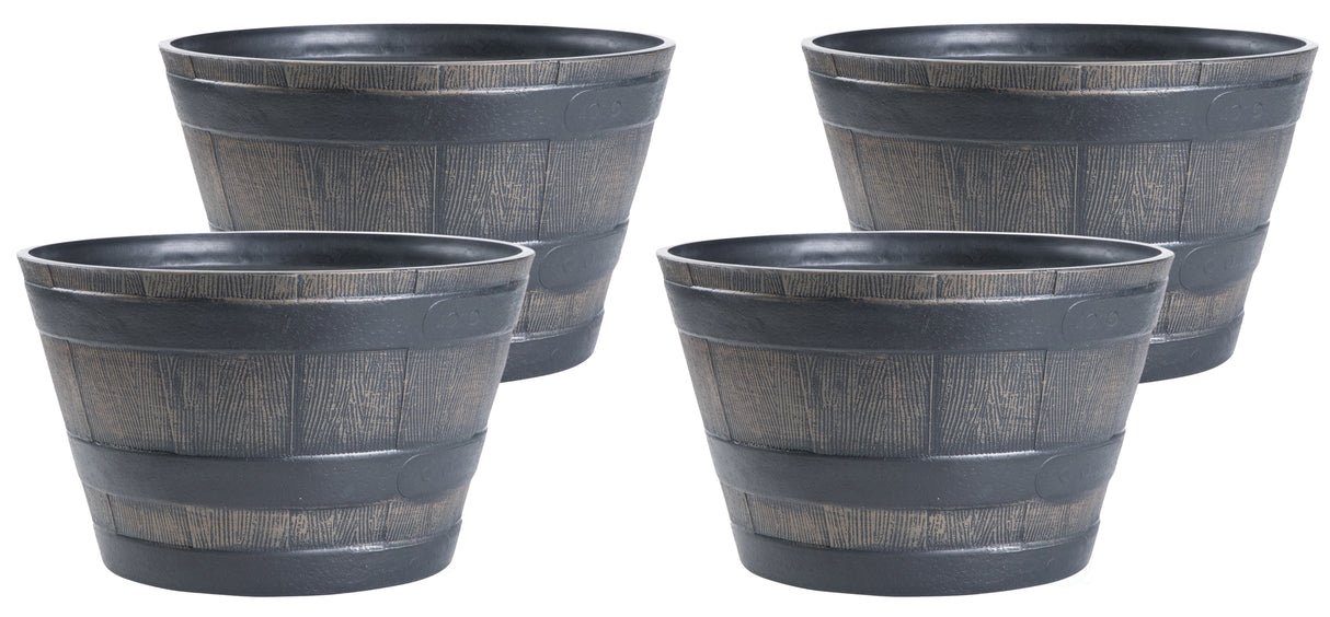 Rustic Wood - Look Plastic Half Barrel Flower Pot, Pack of 4 - LEHADAR