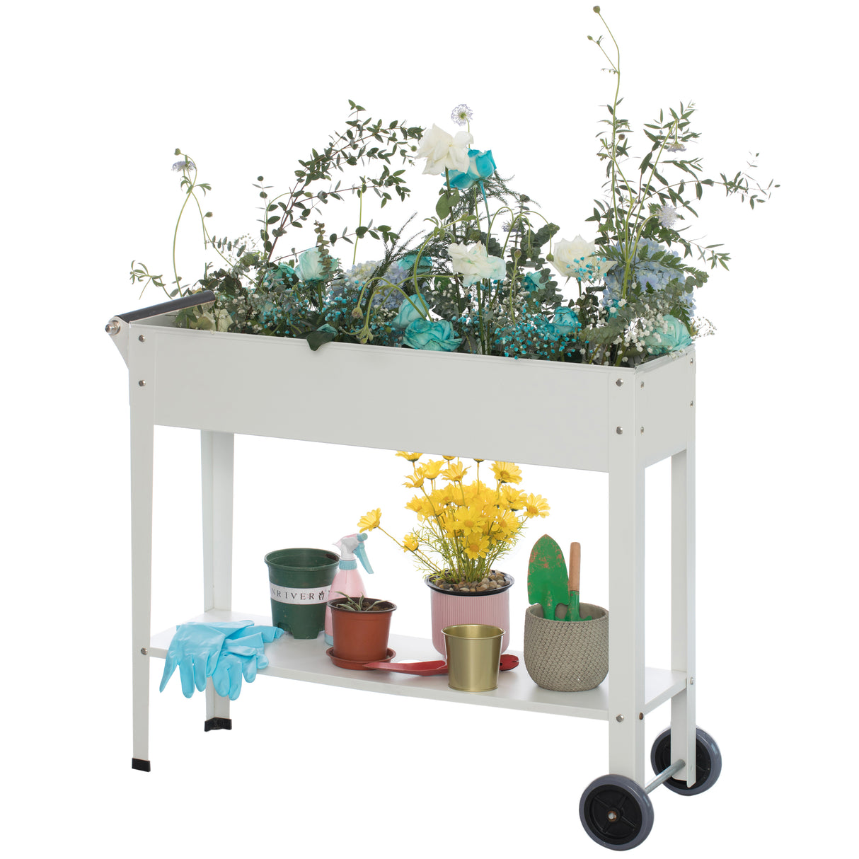 Mobile Planter Raised Garden Bed Rectangular Flower Cart with Shelf - LEHADAR