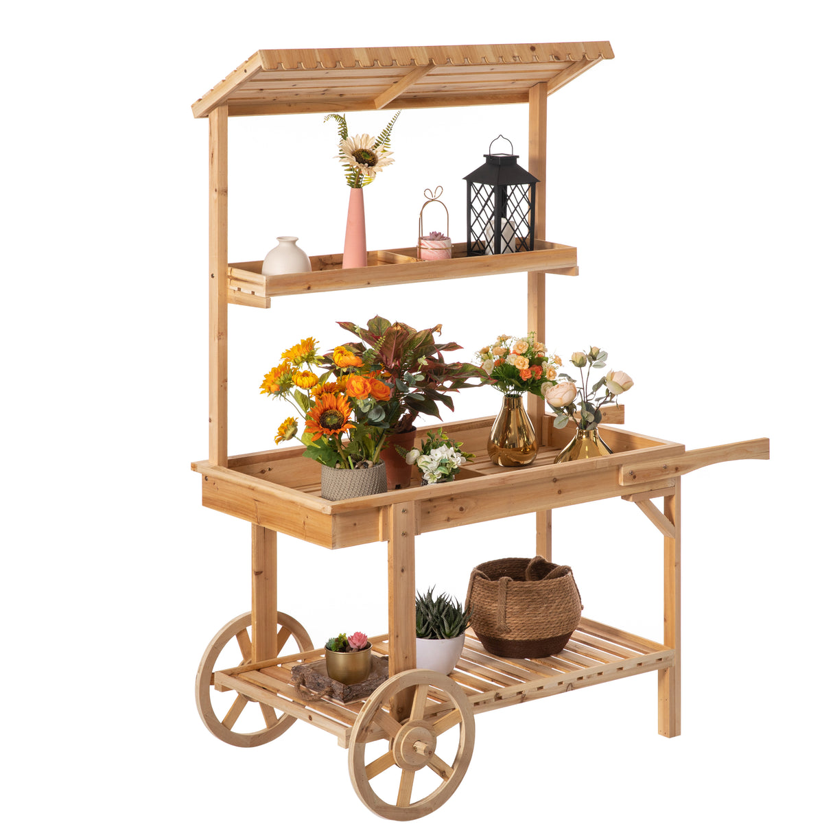 Antique Solid Wood Decor Display Rack Cart Wood Plant Stands with Wheels for Decor Display | 2 Wheeled Wood Wagon with Shelves for Plants and More - LEHADAR