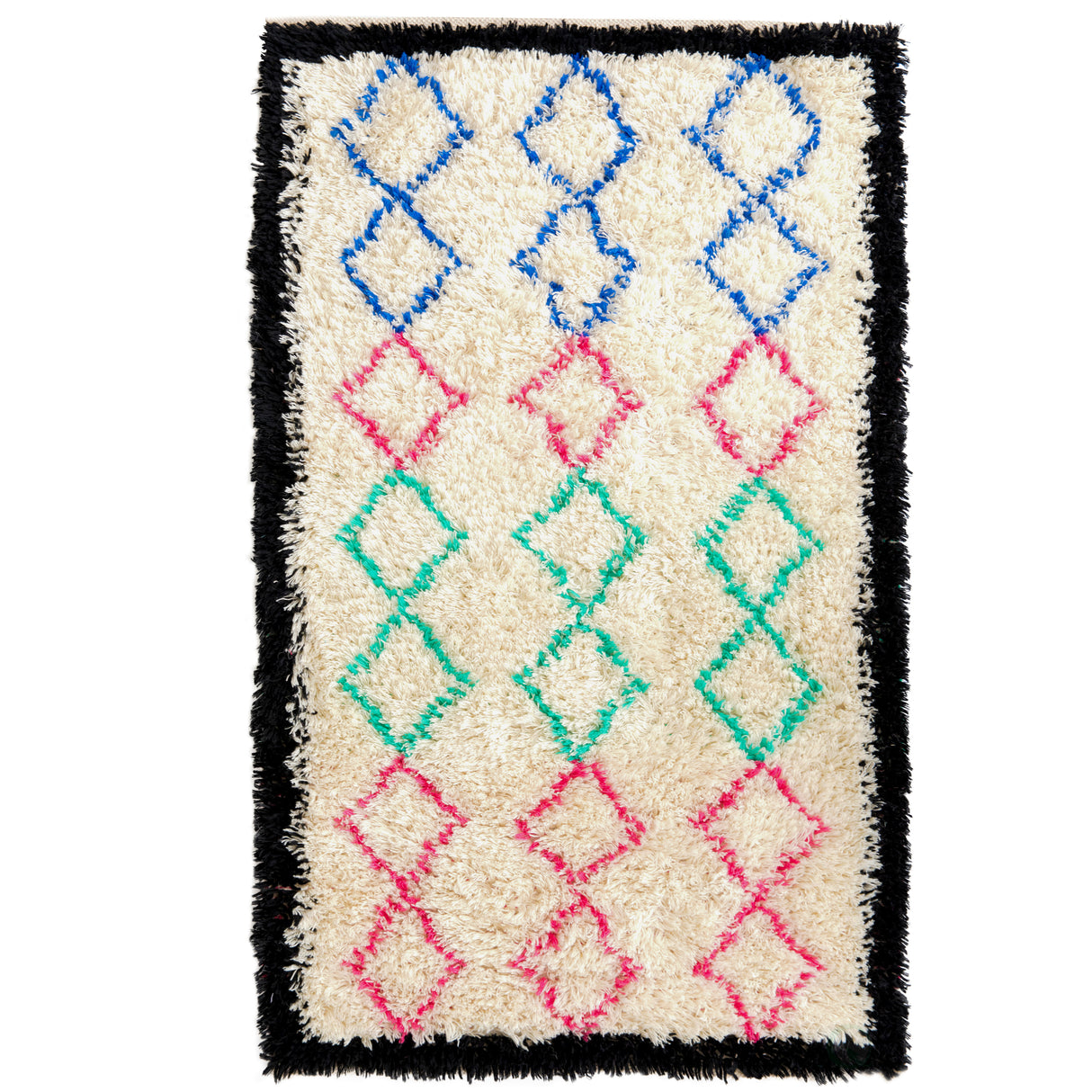 Handwoven Multicolored Geometric Trellis Plush Wool Shag Area Rug, 3' x 5' - LEHADAR
