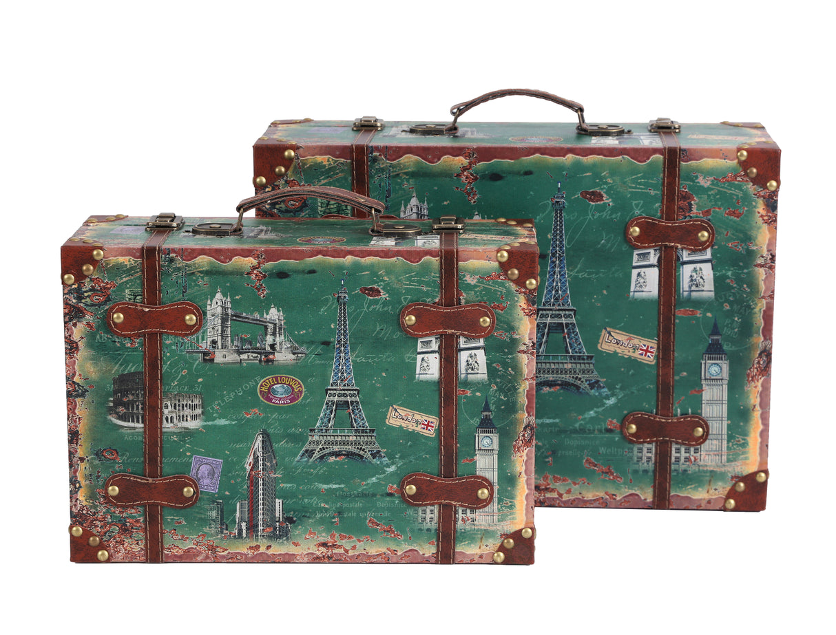 Set of 2 European Landmarks Vintage Wooden Luggage with Leather Straps and Handle - LEHADAR