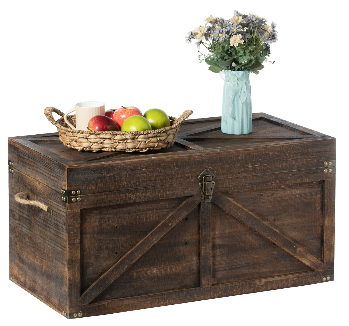 Brown Large Wooden Lockable Trunk Farmhouse Style Rustic Design Lined Storage Chest with Rope Handles - LEHADAR