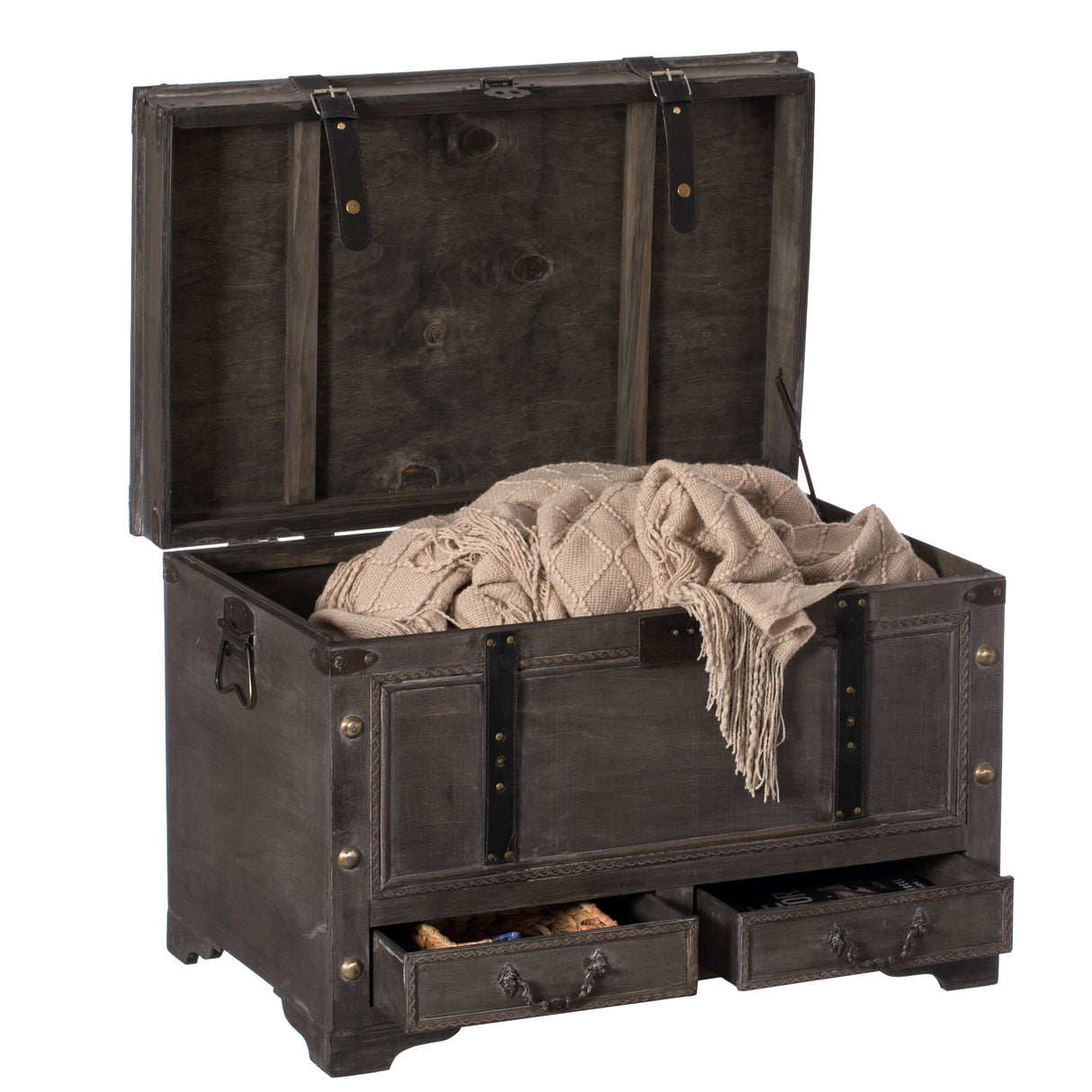 Large Grey Storage Trunk Chest With Drawer Organizer and Handles for Easy Moving - LEHADAR
