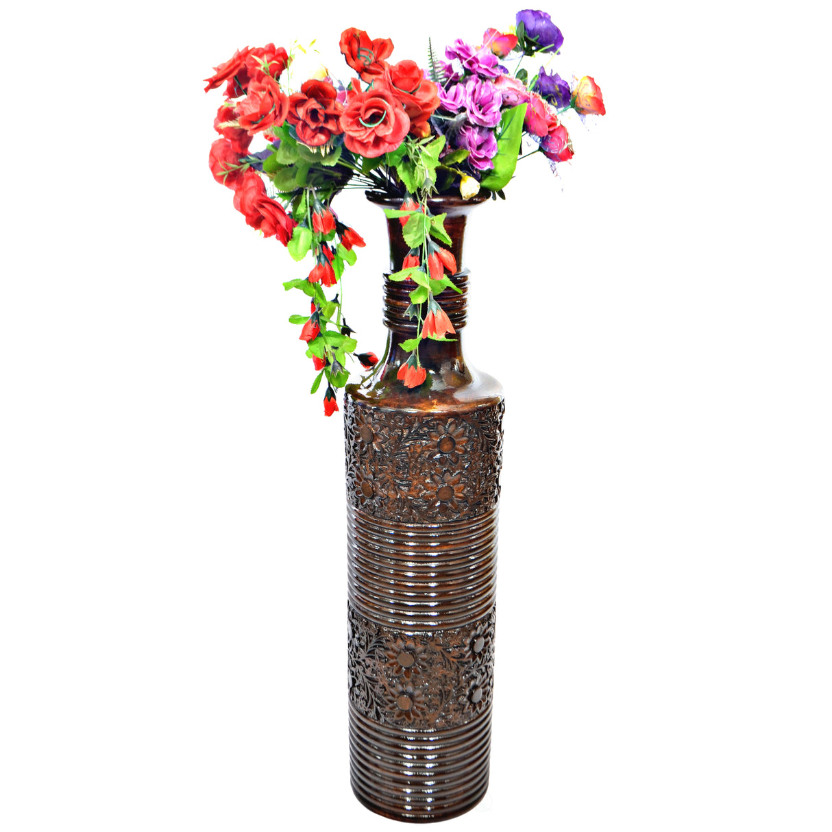 Antique Decorative Brown Hand Curved Mango Wood Floor Flower Vase with Unique Textured Pattern, 36 Inch - LEHADAR