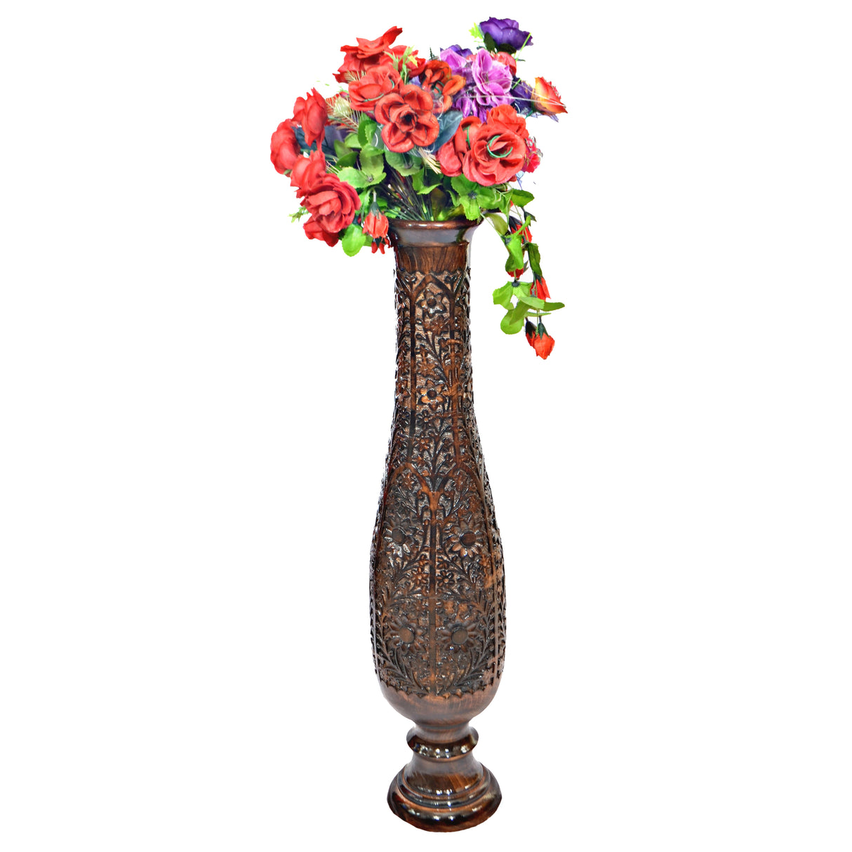 Antique Decorative Hand Curved Brown Mango Wood Floor Flower Vase Trumpet Design with Unique Textured Pattern, 36 Inch - LEHADAR