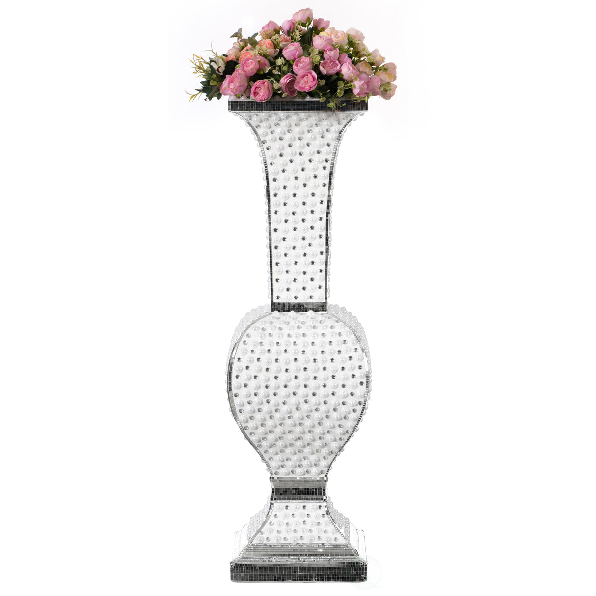 Decorative Trumpet Floor Vase, Silver Studs, White Pearl Design, 40 Inch, Floral Display, Living Room, Entryway, Dining Room, Elegant Statement Piece, Home Accent, Wedding Decor, Unique Tall Vase - LEHADAR