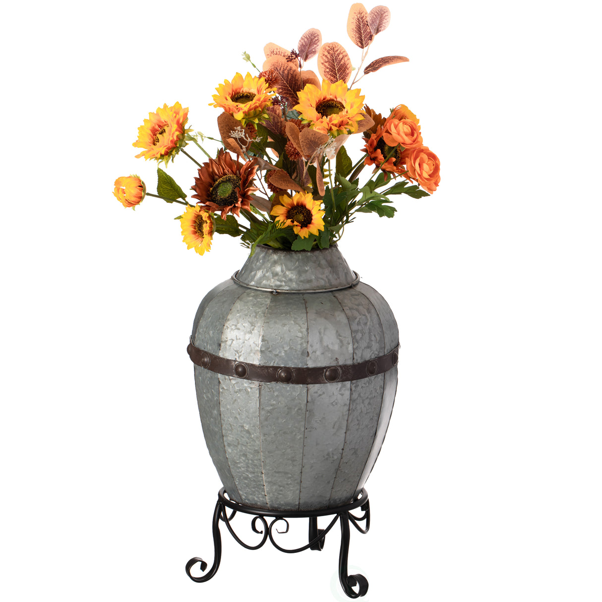 Rustic Silver Galvanized Barrel Shape Planter and Vase with Metal Stand - LEHADAR