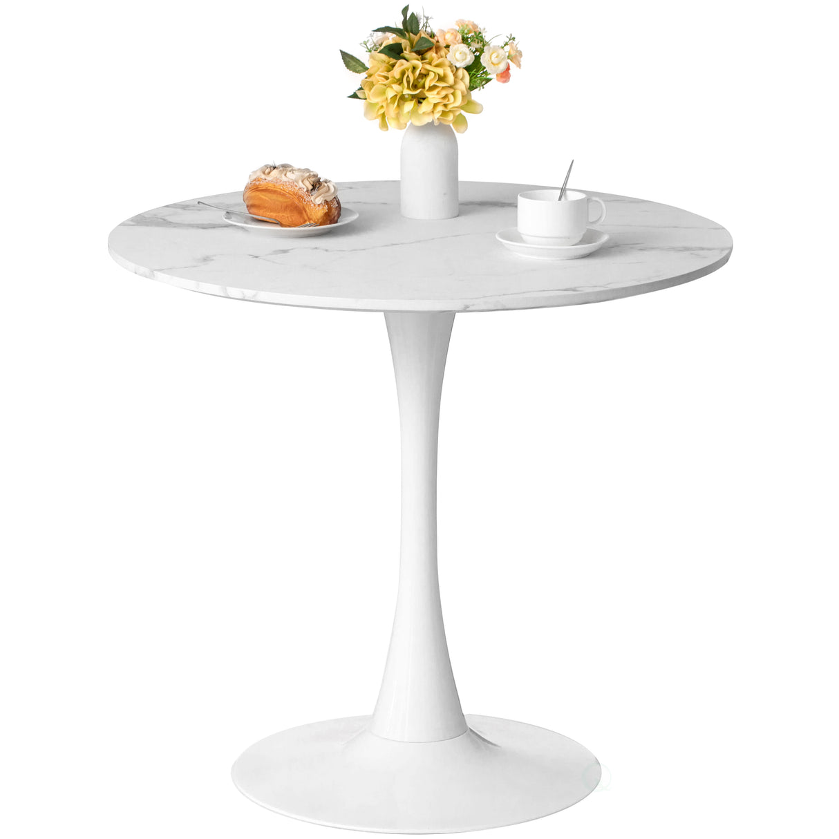 31.5" White Round Tulip Table with Modern Marble Painting Top and Sturdy Wooden Pedestal Stand, MDF Accent Dining Table - LEHADAR