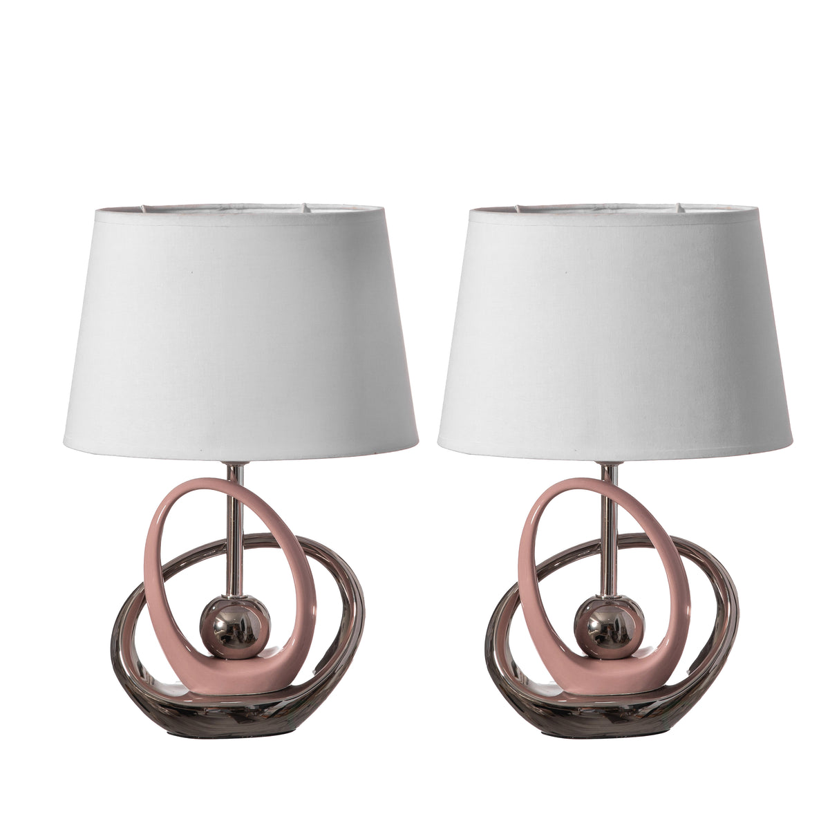 Table Lamps, 16" Decorative Ceramic Table Lamp, with Reflecting Silver and Pink Circular Stand and White Cotton Lampshade, Unique Lamp for Living Room or Bedroom, Set of 2 - LEHADAR
