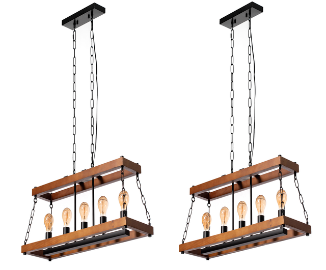 Quickway Imports Brown Wooden Rectangle 5-Bulb Ceiling Hanging Light Fixture with Black Chain - Modern Style Lighting for Dining Room, Kitchen, Living Room or Bar - Farmhouse Industrial Chandelier, Set Of 2 - LEHADAR