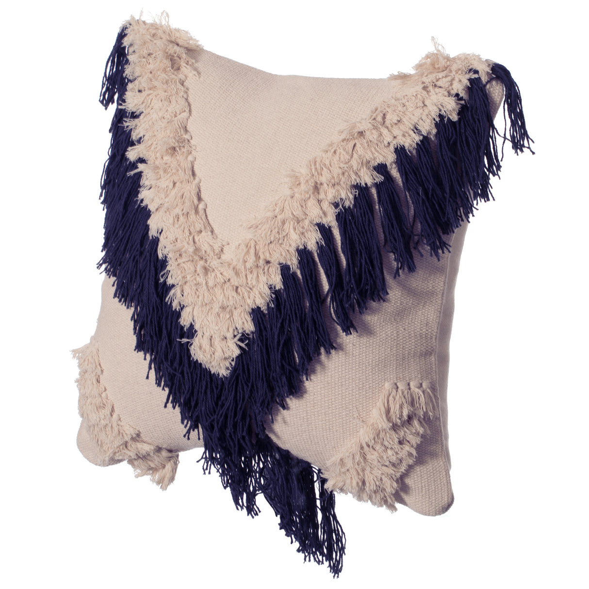16" Handwoven Cotton Throw Pillow Cover with Embossed and Fringed Crossed line, Navy - LEHADAR