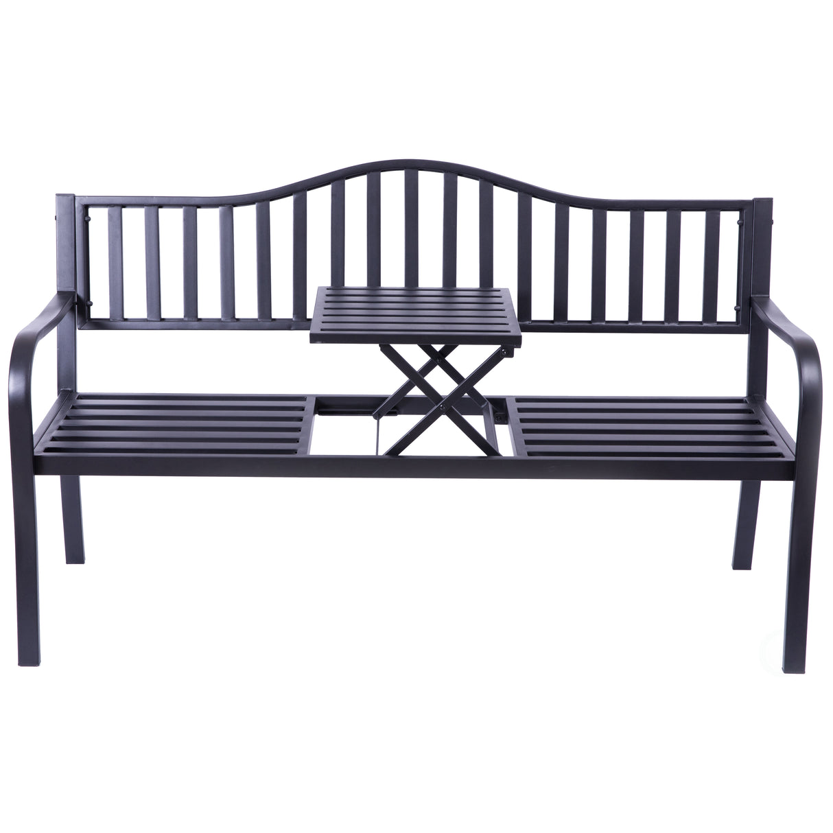 Outdoor Powder Coated Steel Park Bench, Garden Bench with Pop Up Middle Table, Lawn Decor Seating Bench for Yard, Patio, Garden, Balcony, and Deck - LEHADAR