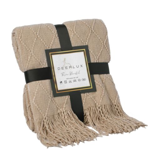 Decorative Knit Throw Blanket 50x60 in, Boasting a Durable Diamond Pattern Design and Elegant Fringe Edges - Khaki, Lightweight, Breathable, Easy Care, Versatile, All-Season, Ideal for Lounging, Gift - LEHADAR