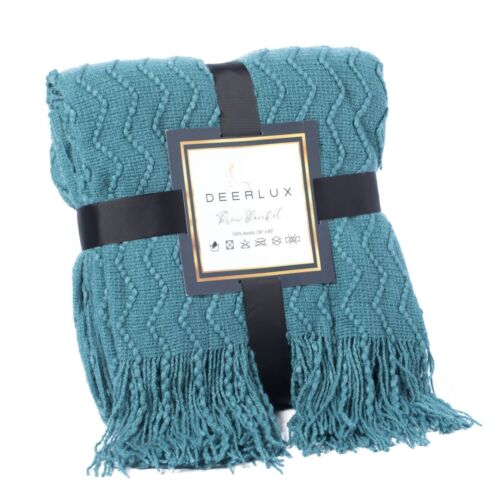 Decorative Chevron Pattern Knit Throw Blanket, 50x60 in, Made with Premium Yarns, Finished with Chic Fringe Details - Blue, Lightweight, Breathable, Easy Care - LEHADAR