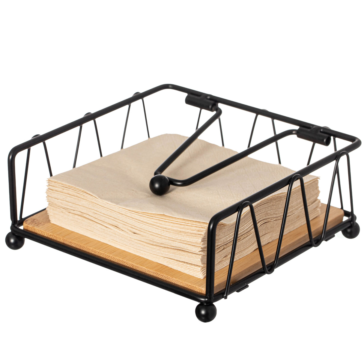 Flat Metal Square Napkin Holder with Weighted Arm and a Wooden Tray Perfect for Adorning Dining Table, Kitchen Countertop and Napkin Holder for Bathroom also Good for Outdoor Table at Restaurant - LEHADAR