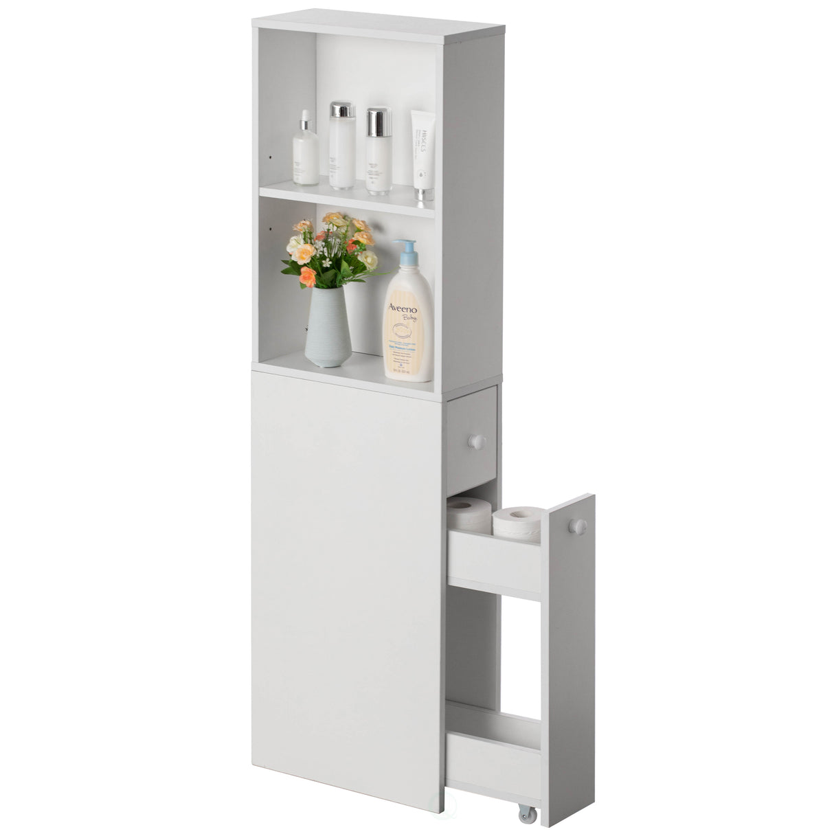 Freestanding Narrow and Slim Design White Bathroom Storage Cabinet - Ideal as Toilet Paper Storage, Feminine Product Organizer or Hair Tool Organizer with Storage Drawer and Adjustable Shelf - LEHADAR