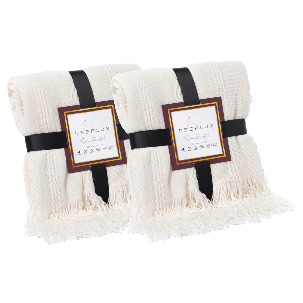 Set of 2 Decorative Zigzag Stripe Pattern Knit Throw Blanket, 50x60 in, Complete with Delicate Fringe Details - Cream, Lightweight, Breathable, Easy Care, Versatile, All-Season, Ideal for Lounging, Gifting - LEHADAR