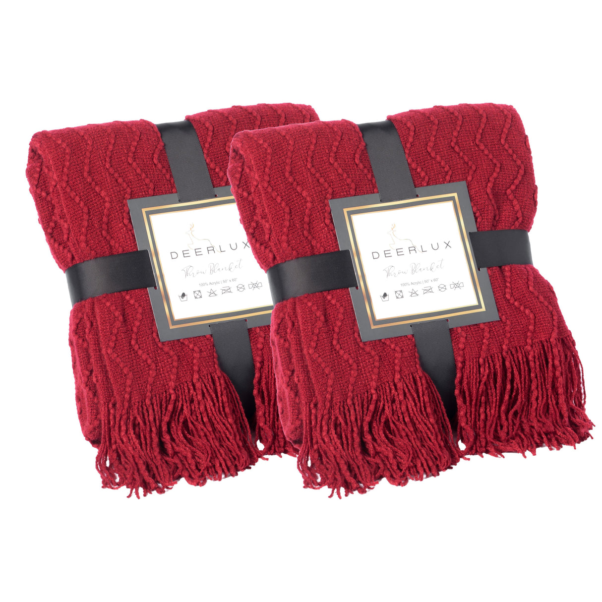Set of 2 Decorative Chevron Pattern Knit Throw Blanket, 50x60 in, Made with Premium Yarns, Finished with Chic Fringe Details - Red, Lightweight, Breathable, Easy Care - LEHADAR