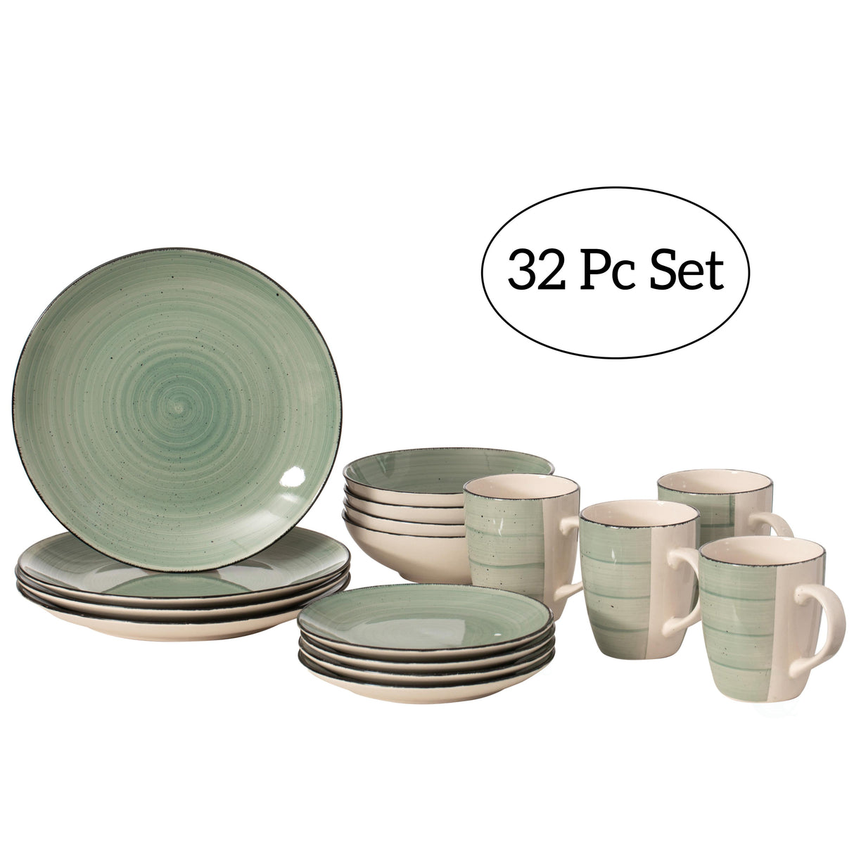32 PC Spin Wash Dinnerware Dish Set for 8 Person | Mugs, Salad and Dinner Plates and Bowls Sets, Dishes with Highly Chip and Crack Resistant, Dishwasher and Microwave Safe, Green - LEHADAR