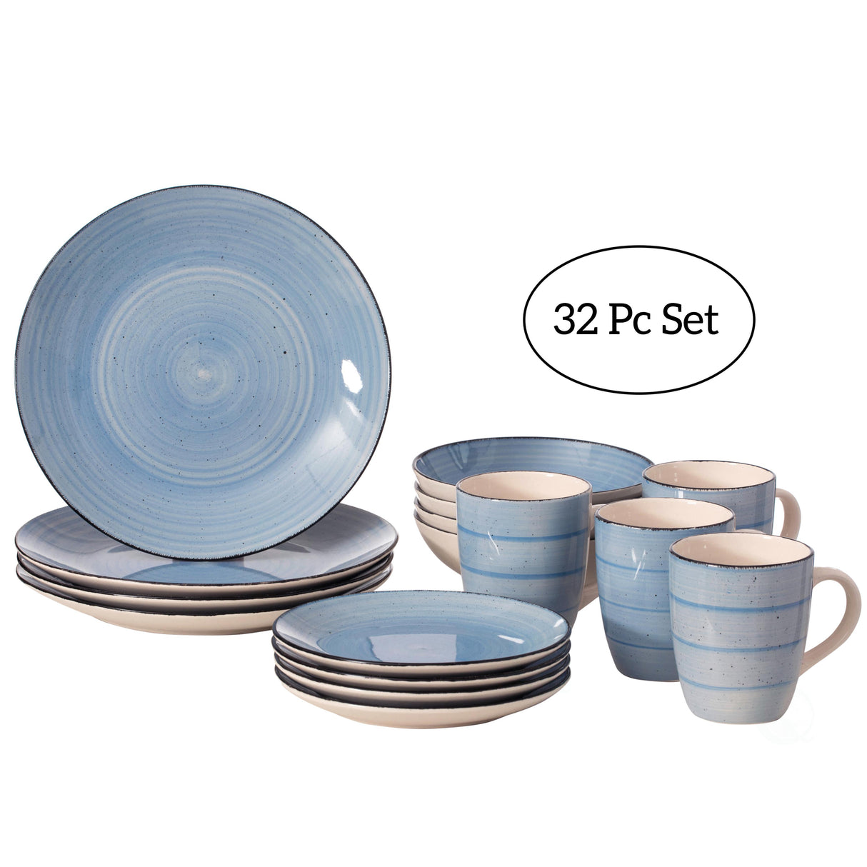 32 PC Spin Wash Dinnerware Dish Set for 8 Person | Mugs, Salad and Dinner Plates and Bowls Sets, Dishes with Highly Chip and Crack Resistant, Dishwasher and Microwave Safe, Blue - LEHADAR