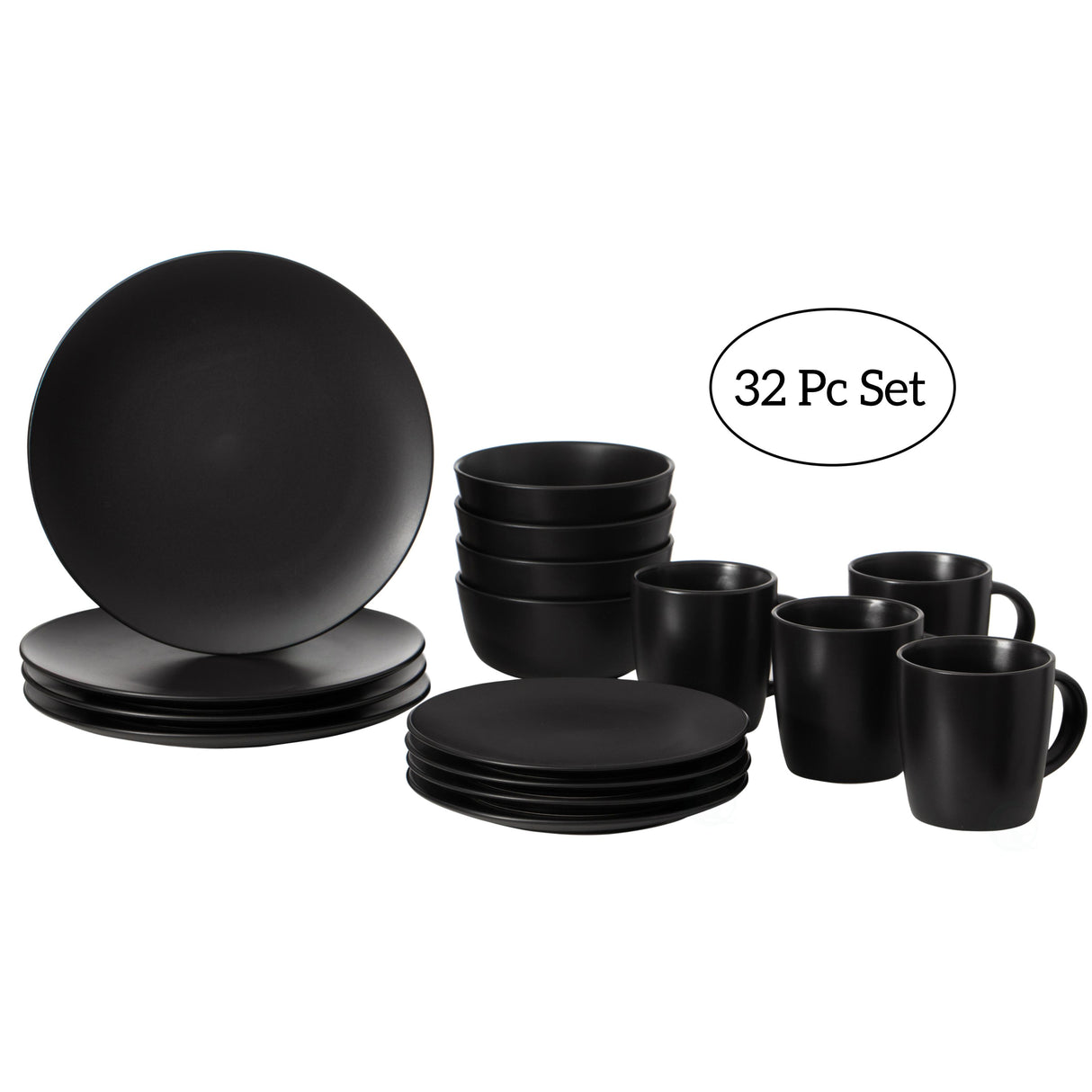 32 PC Dinnerware Dish Set for 8 Person | Mugs, Salad and Dinner Plates and Bowls Sets, Dishes with Highly Chip and Crack Resistant, Dishwasher and Microwave Safe, Black - LEHADAR