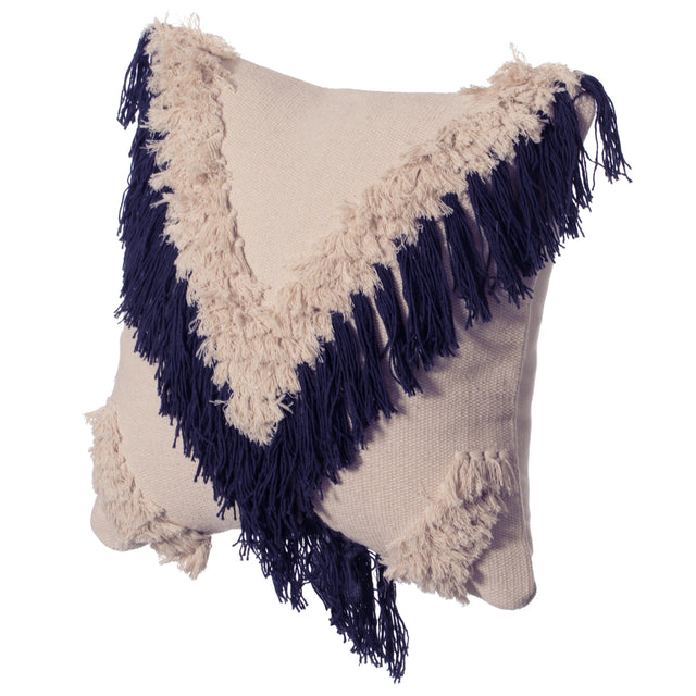 16" Handwoven Cotton Throw Pillow Cover with Embossed and Fringed Crossed line with Filler, Navy - LEHADAR