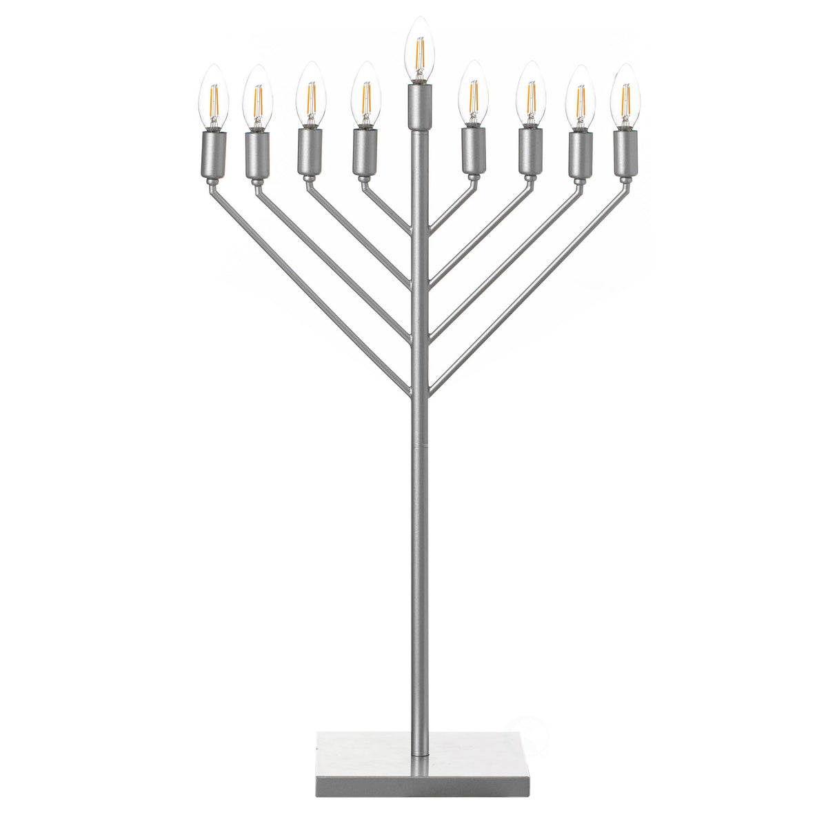 Large Modern Antique Silver Nine Branch Electric Chabad Style Hanukkah Menorah with Flame Shaped LED Light Bulbs, Perfect as Home Decor - Living Room Side Table, Dining Room and Entryway - LEHADAR